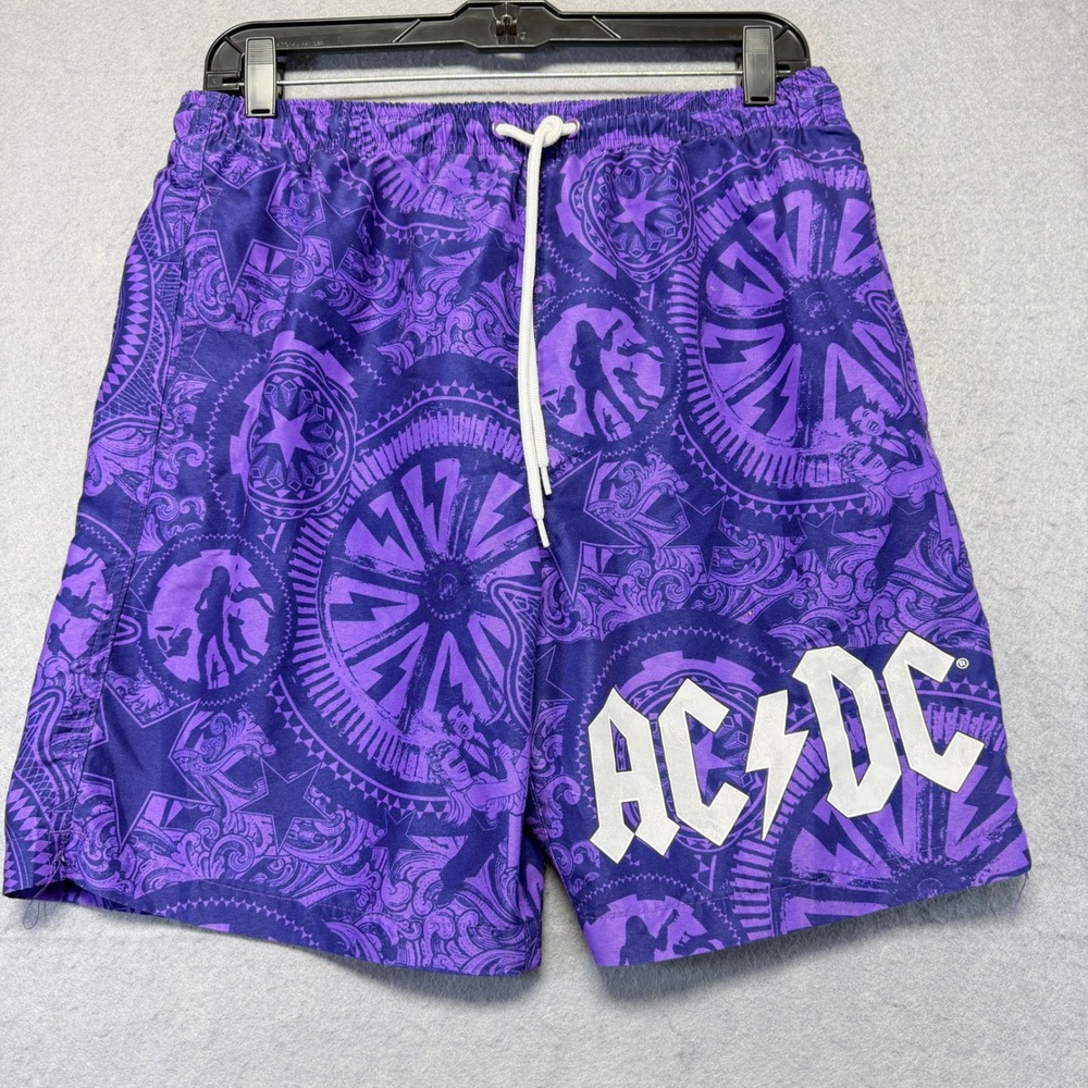ACDC Mens Purple Graphic Swim Trunks Shorts Medium Rock Band All Over Print